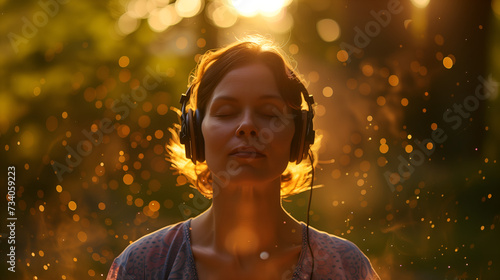 Woman in headset engaging in sound healing therapy and meditation photo