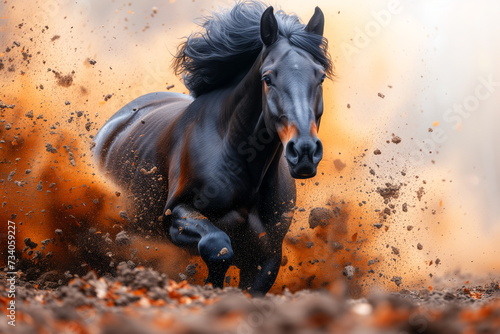 A powerful black horse gallops fiercely, kicking up a cloud of dust against a dynamic, earthy background. © weerasak