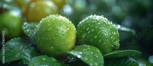 Fresh lemon on the tree with water drops. Agricultural and beverage concept.