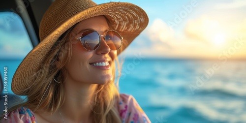 A Woman With A Joyful Expression Takes In The Sun While Traveling By Car. Concept Traveling By Car, Sunny Adventures, Joyful Expression, Woman's Road Trip, Embracing Nature