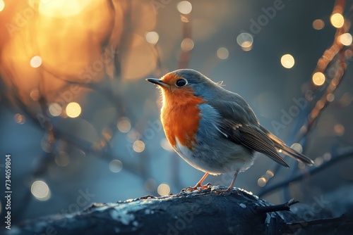 A delicate little robin bird, photographed from afar in the forest, background out of focus. photo