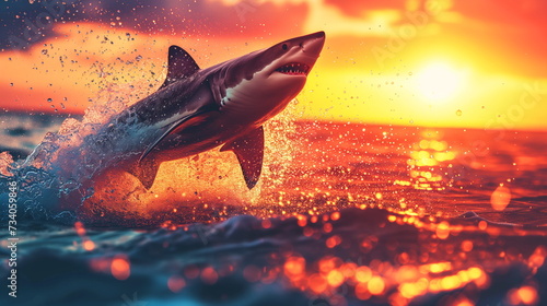 A great white shark breaches dramatically with a splash, set against the fiery backdrop of a vivid ocean sunset. © weerasak
