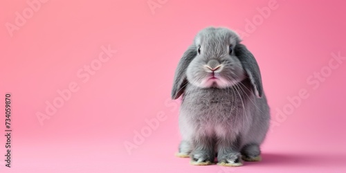 Adorable Holland Lop Rabbit Stands On Pink Background, Captivating With Its Charm. Concept Pets And Their Personalities, Cute Animal Photography, Enchanting Rabbit Portraits