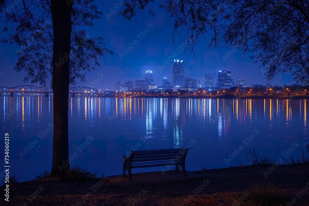 A bench sitting on the side of a lake, illuminated by the moon, creating a calm and reflective atmosphere.
