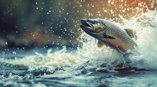 A vigorous salmon leaps from the churning waters of a river, capturing a moment of its upstream migration at dusk.