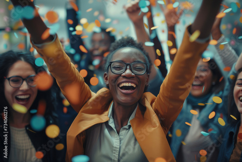 Diverse group of happy cheerful businesspeople employees celebrating success in office with confetti. Teamwork celebration party