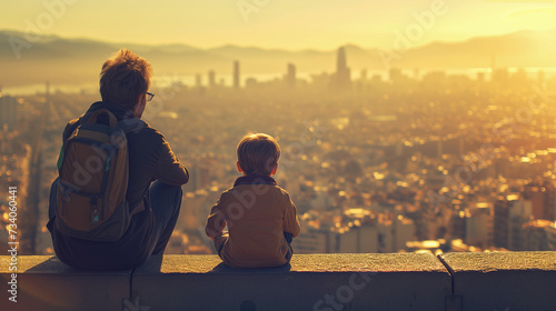 Father and his little son are sitting on top of hill overlooking big city at sunset. Happy fathers Day concept and quality time together of single or visiting father
