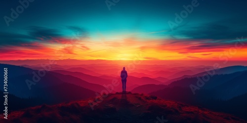 An Individual Embraces The Serene Beauty Of A Mountain Sunset Vista. Concept Mountain Sunsets, Serene Beauty, Nature's Splendor, Tranquil Moments, Soulful Reflections