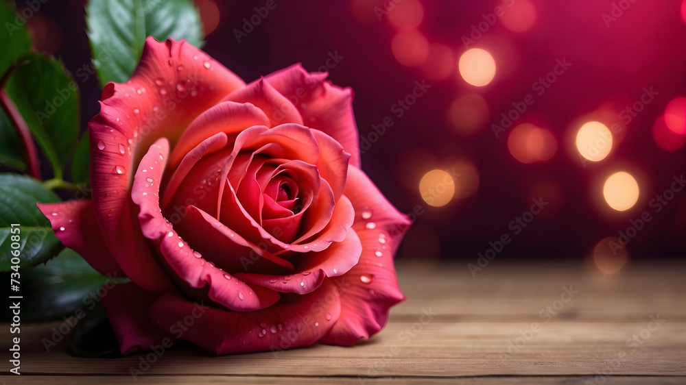 red rose with water drops with blurry background with light bokeh, valentines day background