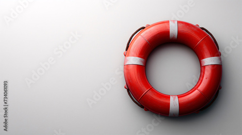 Salvavidas rojo de barco sobre fondo claro como símbolo de ayuda photo