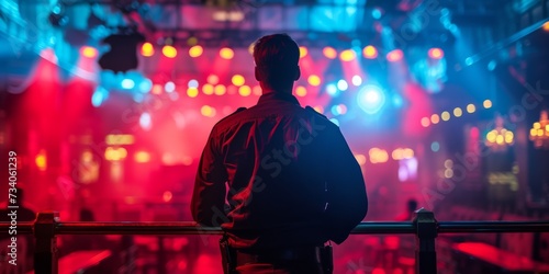 Bouncer Keeping Watch In A Vibrant Nightclub Ensures Safety For All. Concept Nightclub Security, Bouncer Duties, Safety Measures, Vibrant Atmosphere, Ensuring Patron Security photo
