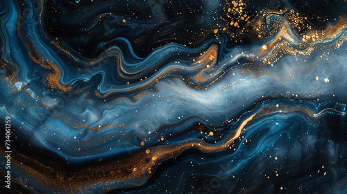 Celestial ribbons of sapphire blue and molten gold entwining in an intricate dance, creating a captivating and cosmic abstract artwork on a backdrop of profound black. 