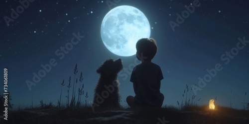 Child And Dog Gaze At Moonlit Sky Atop Hill, In Animated Loop. Concept Stargazing Adventures, Childhood Memories, Bond Between Child And Dog, Moonlit Hilltop, Animated Loop