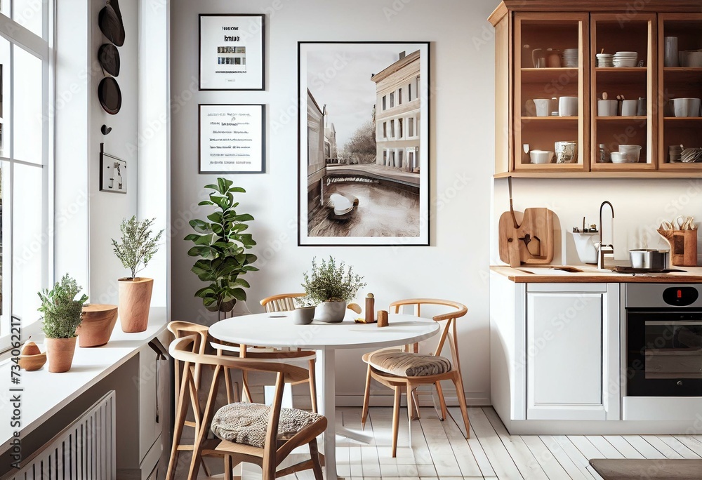 White and wooden kitchen corner with table and poster. Generative AI
