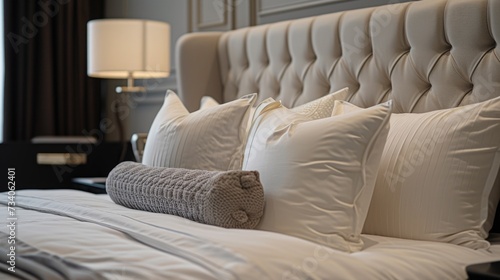 This image showcases a well-appointed bedroom with a luxurious feel, emphasized by a large, cushioned, button-tufted headboard in an off-white color. The bed is made with precision, sporting four fluf photo