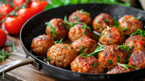 This image showcases a close-up view of a frying pan filled with succulent, round meatballs that are cooking to a golden-brown perfection. Each meatball appears to be well-seasoned, with visible herbs