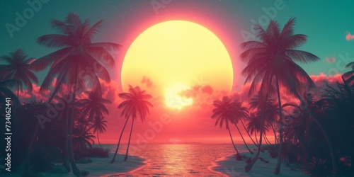 Colorful Retro Scene At A Tropical Sunset With Palm Tree Silhouettes. Concept Beach Picnic With Friends, Hiking Adventure, Urban Street Art, Nature Macro Photography
