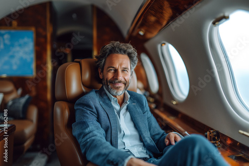 Smiling businessman flying in a private jet.