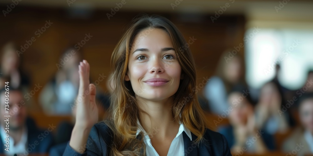 Confident Businesswoman Actively Participates In Seminar, Raising Hand To Engage With Speaker. Concept Confident Businesswoman, Seminar Engagement, Raising Hand, Active Participation