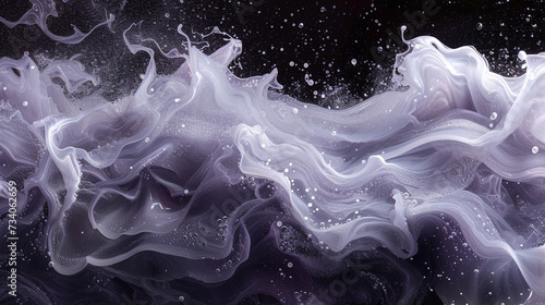Delicate tendrils of pearl white and celestial lavender cascading in water, forming an enchanting and dreamy abstract composition against a backdrop of profound cosmic black. 