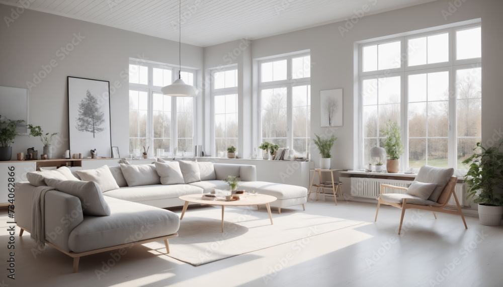 Fototapeta premium A modern living room with upholstered sofas and stunning views from the panoramic windows. Soft lighting.