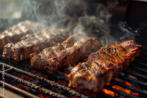 Meat ribs with smoke on a barbecue grill.