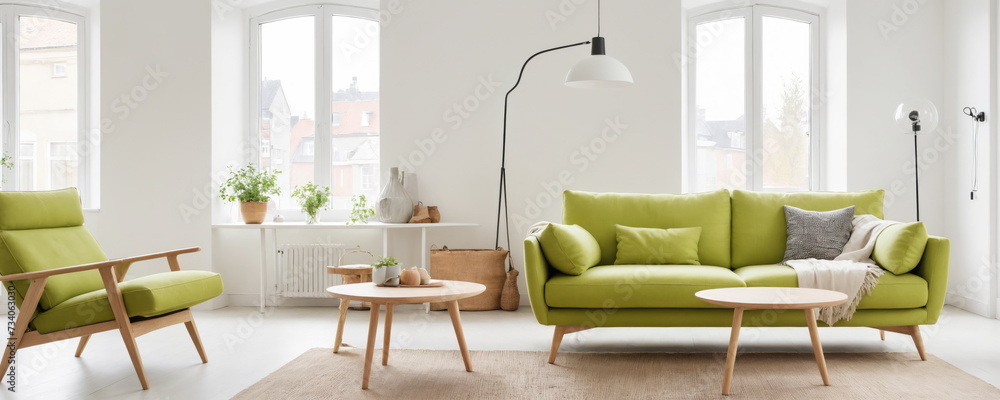 Obraz premium a fresh and modern Scandinavian apartment living room with a vibrant lime green sofa and matching recliner, complemented by minimalistic decor and abundant natural light.