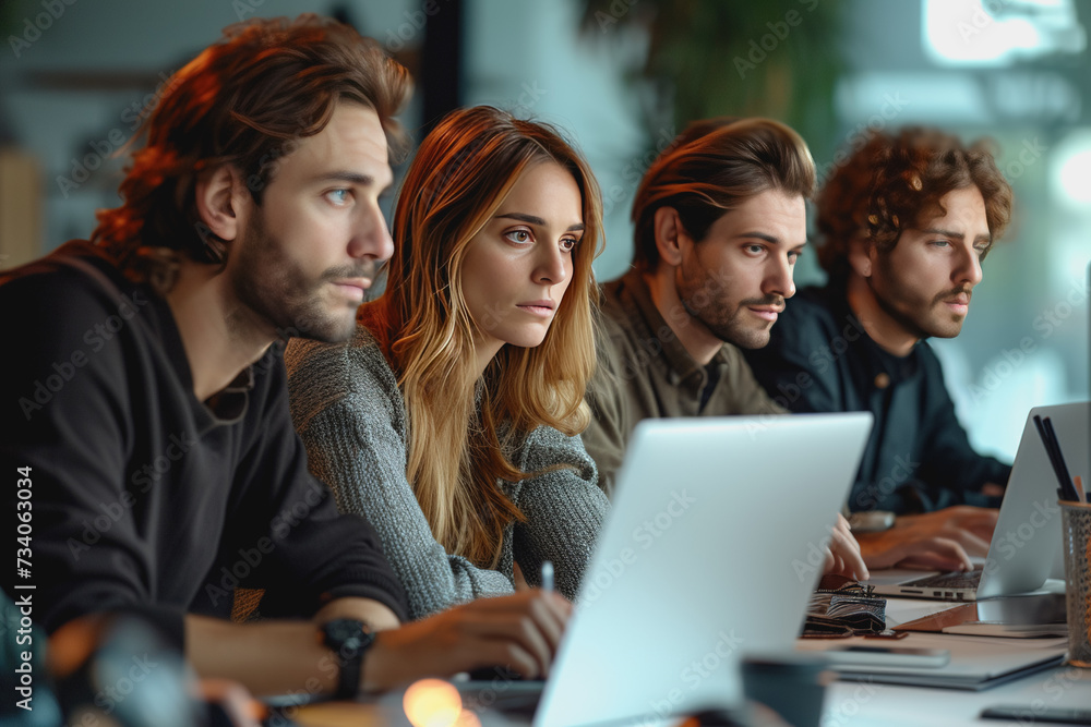 Company team working on marketing in modern office. AI Generated Company team working on marketing in modern office. AI Generated