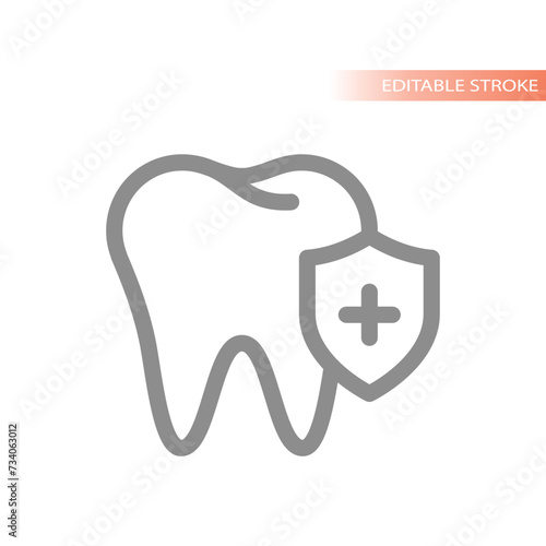 Tooth and shield line vector icon. Dental care and protection symbol.