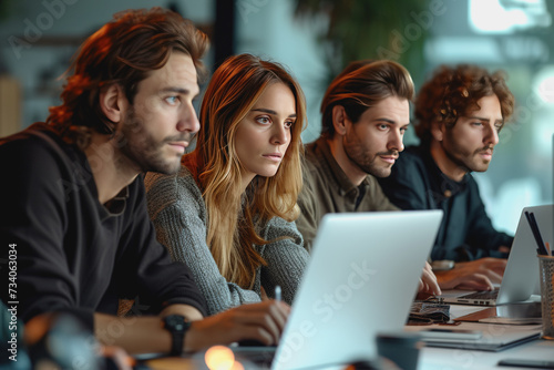 Company team working on marketing in modern office. AI Generated