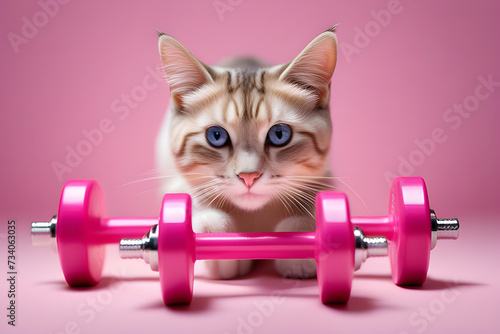 cat in a tracksuit with dumbbells on a light pastel background. Toys for cats. cat is an athlete. Playground AI platform