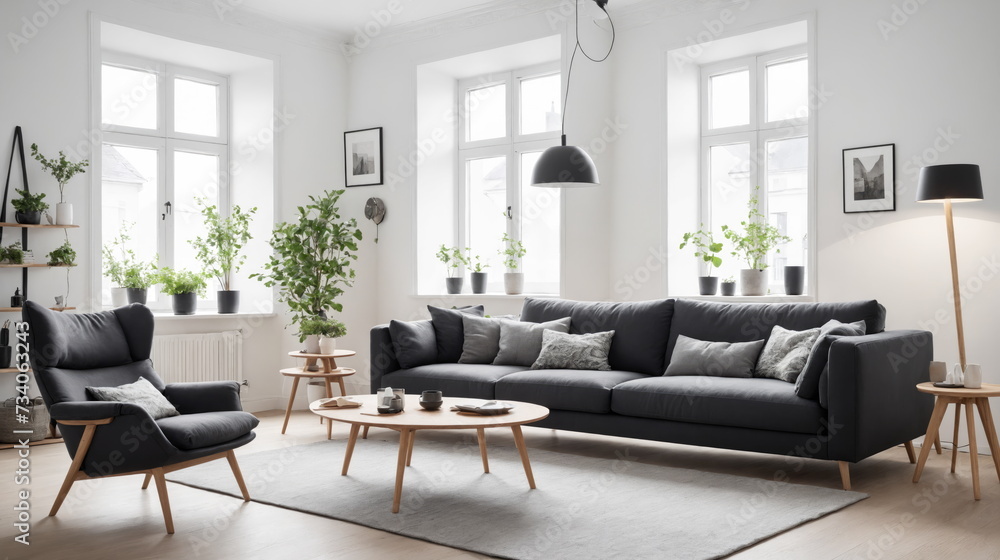 a Scandinavian-style living room with a black-gray sofa and recliner chair, complemented by natural light and minimalist decor