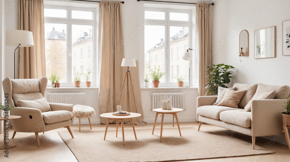 Fototapeta premium the calm aesthetic of a Scandinavian-inspired living room, featuring a cozy beige sofa, a recliner chair, and minimalist decor bathed in natural light