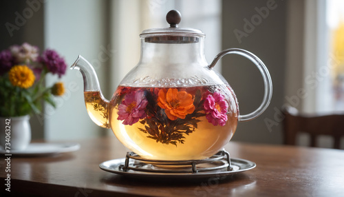A clear glass kettle, filled with freshly brewed hot floral tea, sits on a wooden table, illuminated by natural sunlight coming through a nearby window