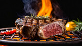 Grilled delicious beef rib eye steak with vegetables and herbs over flames on outdoor grill