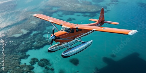 Seaplane flying over a sea, view from above