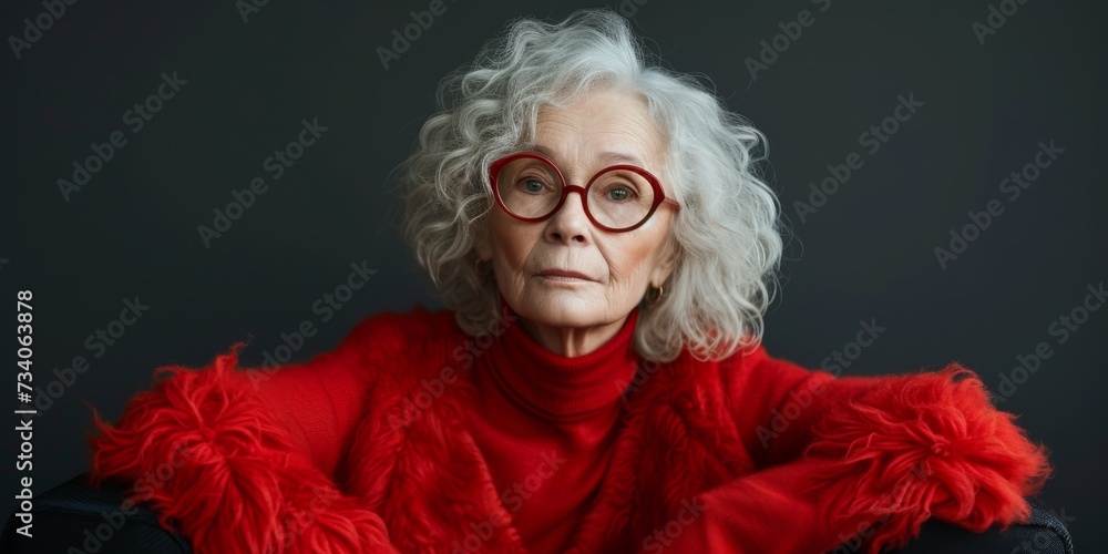 Eccentric Elderly Woman Radiating Individuality Through Her Unique Sense Of Style. Concept Vintage Fashion, Bold Accessories, Ageless Beauty, Self-Expression, Confidence At Any Age - obrazy, fototapety, plakaty 