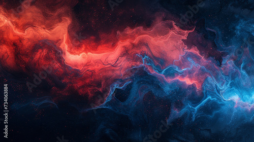 Dynamic sweeps of fiery vermilion and celestial cerulean blending gracefully, creating a vivid and captivating abstract expression on a canvas of profound cosmic black.  © Adnan Haider