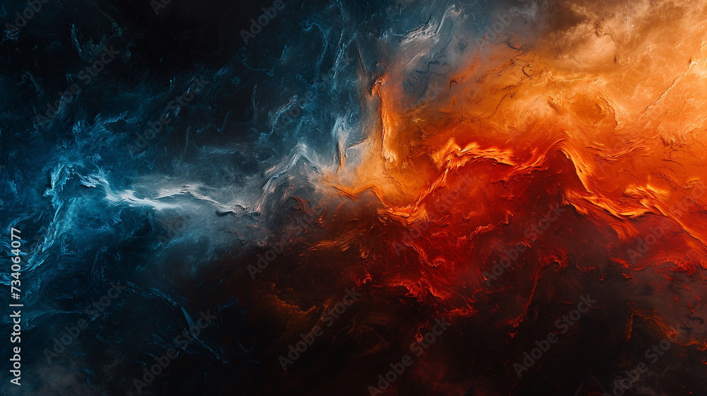 Dynamic sweeps of fiery vermilion and celestial cerulean blending gracefully, creating a vivid and captivating abstract expression on a canvas of profound cosmic black.  - obrazy, fototapety, plakaty 