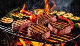 Grilled delicious beef steaks with vegetables and herbs over flames on outdoor grill