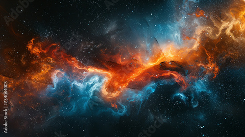 Dynamic sweeps of fiery vermilion and celestial cerulean blending gracefully, creating a vivid and captivating abstract expression on a canvas of profound cosmic black. 