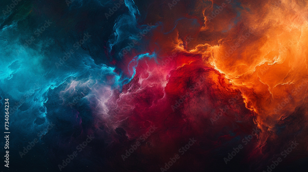 Dynamic sweeps of fiery vermilion and celestial cerulean blending gracefully, creating a vivid and captivating abstract expression on a canvas of profound cosmic black.  - obrazy, fototapety, plakaty 