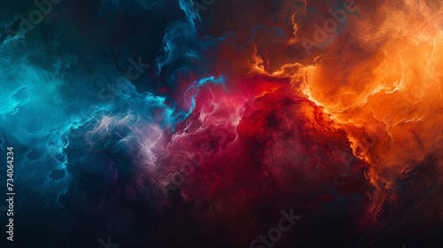 Dynamic sweeps of fiery vermilion and celestial cerulean blending gracefully  creating a vivid and captivating abstract expression on a canvas of profound cosmic black. 