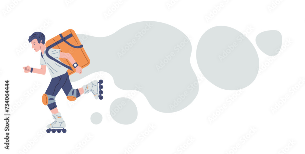 Courier rollerblading carry a delivery box backpack, cloud behind him, food delivery service vector cartoon illustration