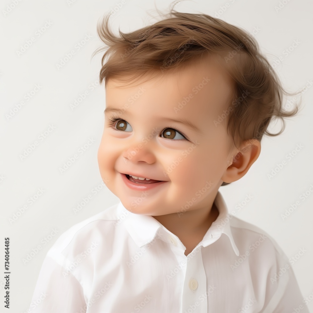 A charming baby boy with a gentle smile and sparkling eyes, dressed in a formal white shirt, presents a picture of innocence and joy.
A charming baby boy with a gentle smile and sparkling eyes, dressed in a formal white shirt, presents a picture of innocence and joy.