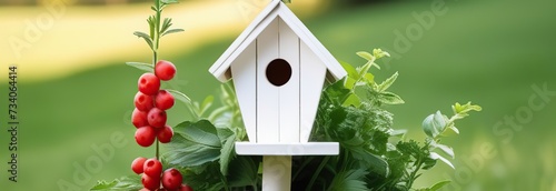 birdhouse made of wood, a bird with a long colored tail sits next to it, around the birdhouse there is a bouquet of green herbs with red berries on a white background