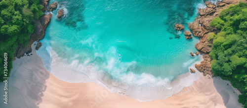 Bird view from above turquoise sea scape with white sand beach with no one. Copy space wide banner