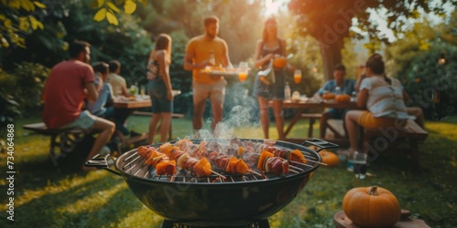 Family And Friends Enjoy A Sunny Summer Day With A Grill Party In The Garden. Concept Garden Grill Party, Sunny Summer Day, Family And Friends, Outdoor Gathering, Delicious Food photo