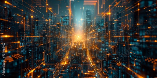 A Visionary Cityscape Immersed In Neon Borders Embracing Cutting-Edge Communication Concepts And Smart Technology. Concept Neon Cityscapes, Cutting-Edge Communication, Smart Technology