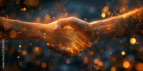 Glowing Particles Form A Vibrant Handshake, Representing Trust And Business Collaboration. Concept Trust In Business, Collaboration, Glowing Handshake, Vibrant Particles